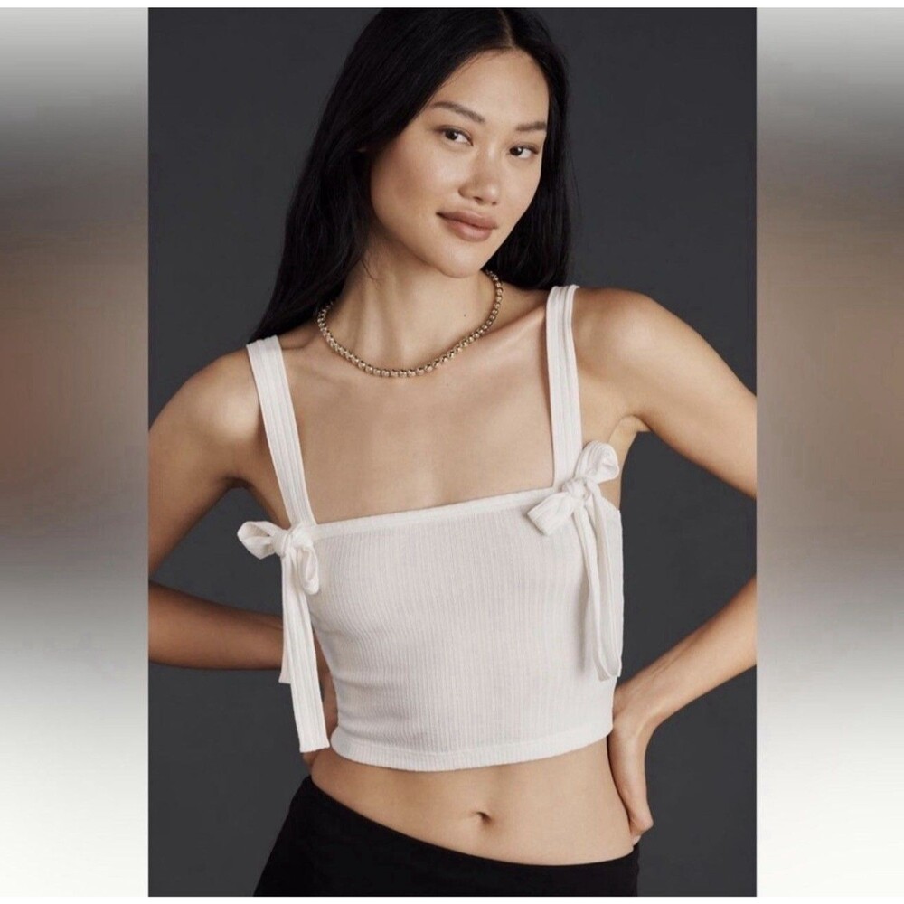 By Anthropologie Bow Tie Cropped Tank Top Size XL Coquette Balletcore Clean Girl